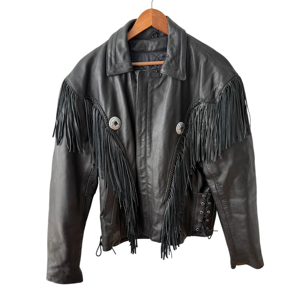 Vintage Moto Mod Leather Fringe Concho Biker Jacket 46 XL